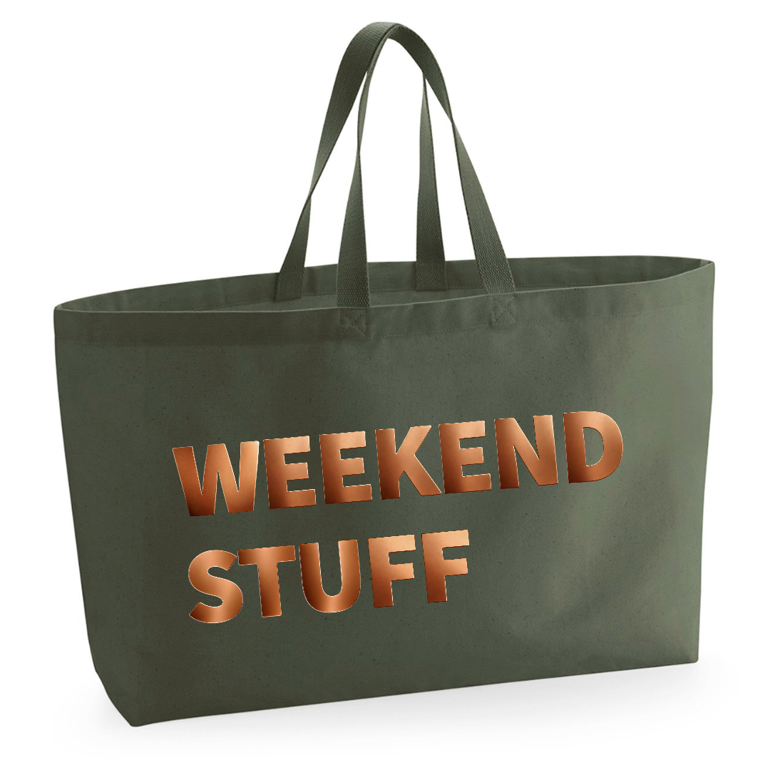 Close-up of Weekend Stuff extra large tote bag canvas and handle stitching