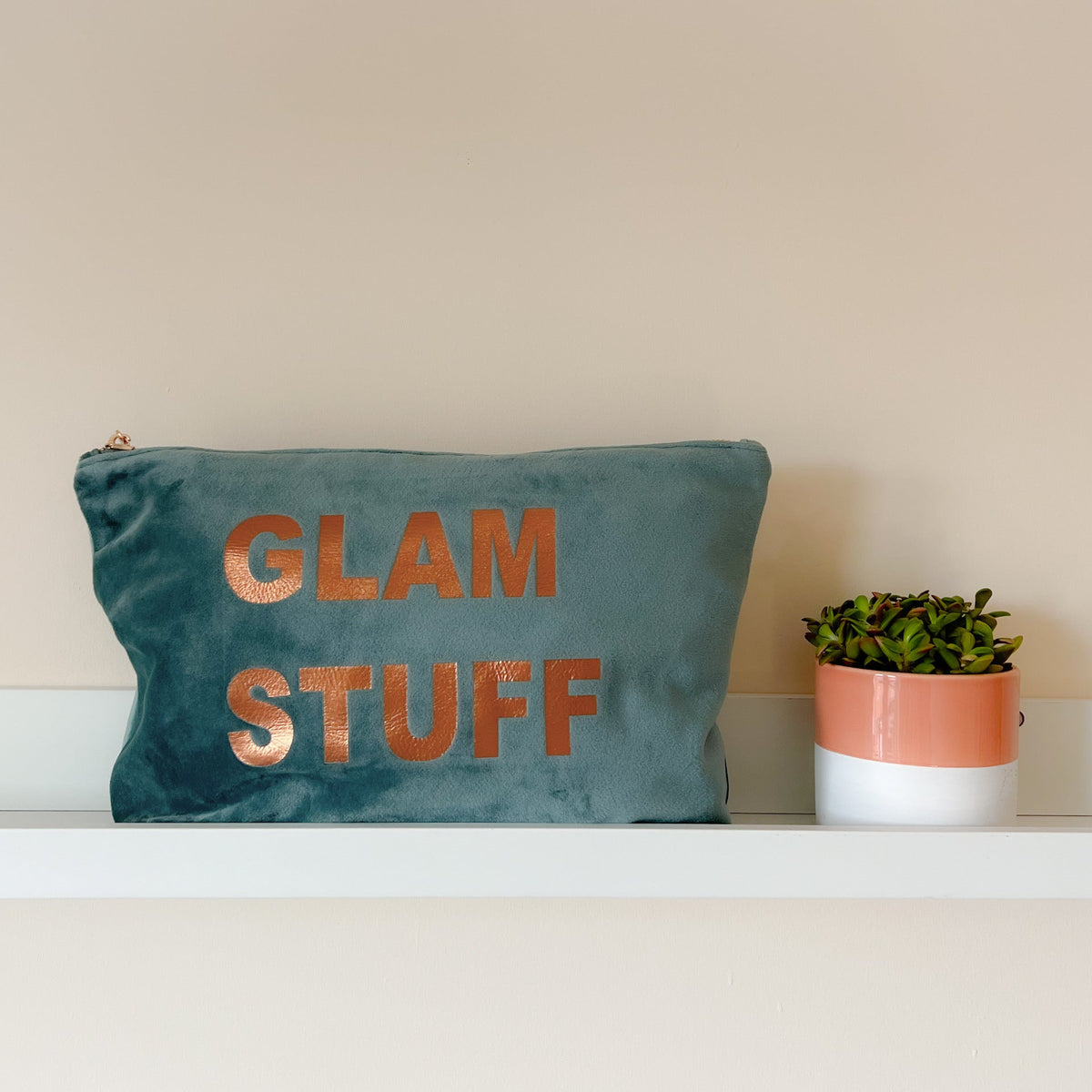 JADE VELVET POUCH WITH BRONZE PRINT