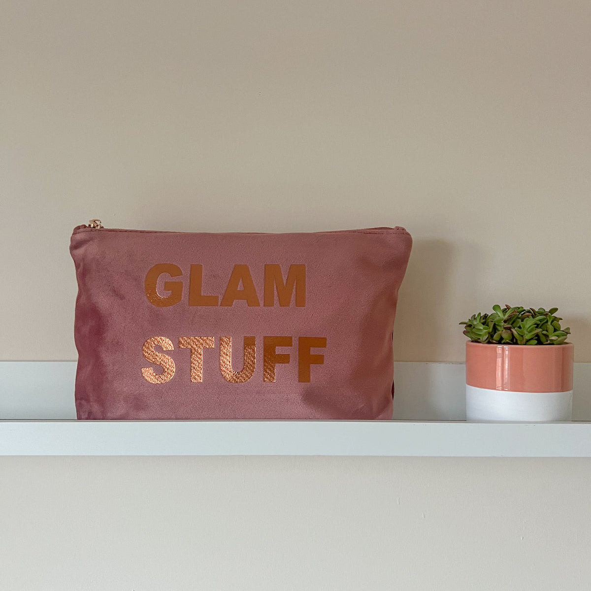 ROSE PINK VELVET POUCH WITH BRONZE PRINT