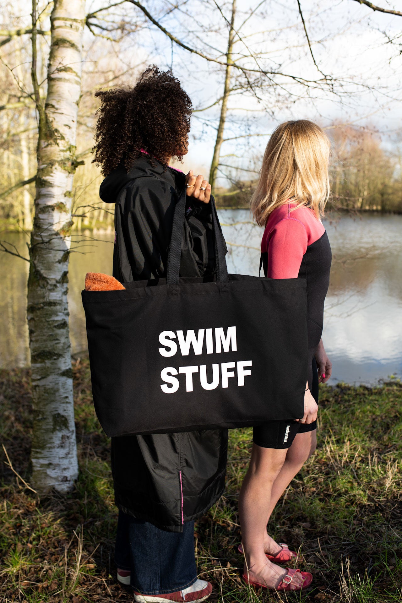 Black extra large tote bag personalised with STUFF wording, front view