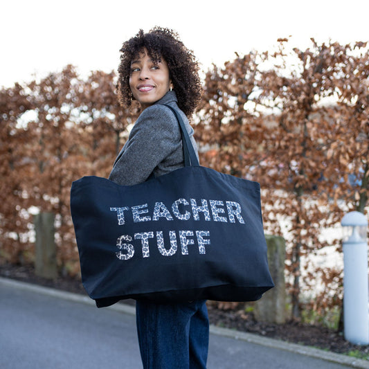 Personalised black extra large tote bag with white print