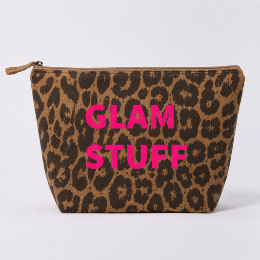 Personalised large leopard print recycled canvas pouch with custom text