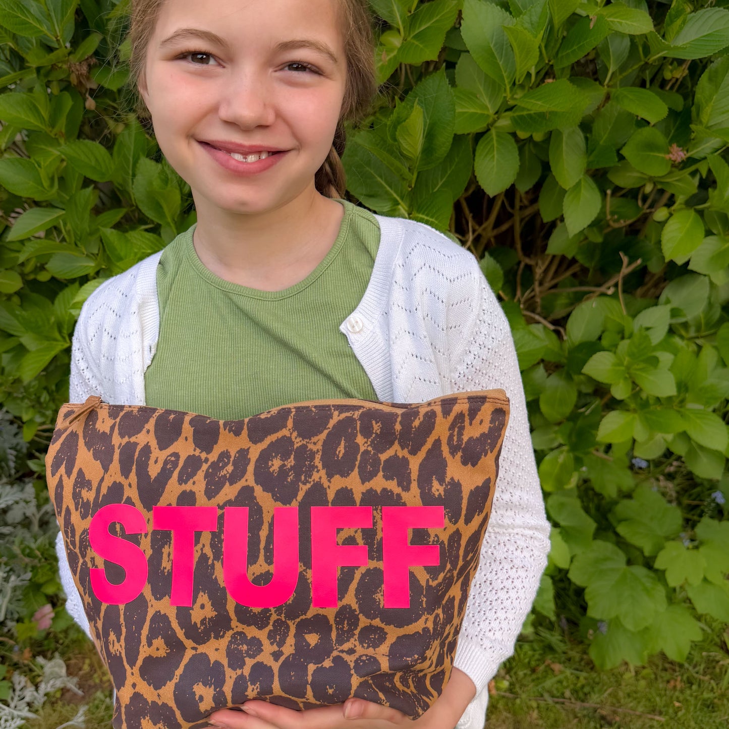 Personalised leopard print canvas pouch open showing interior storage space