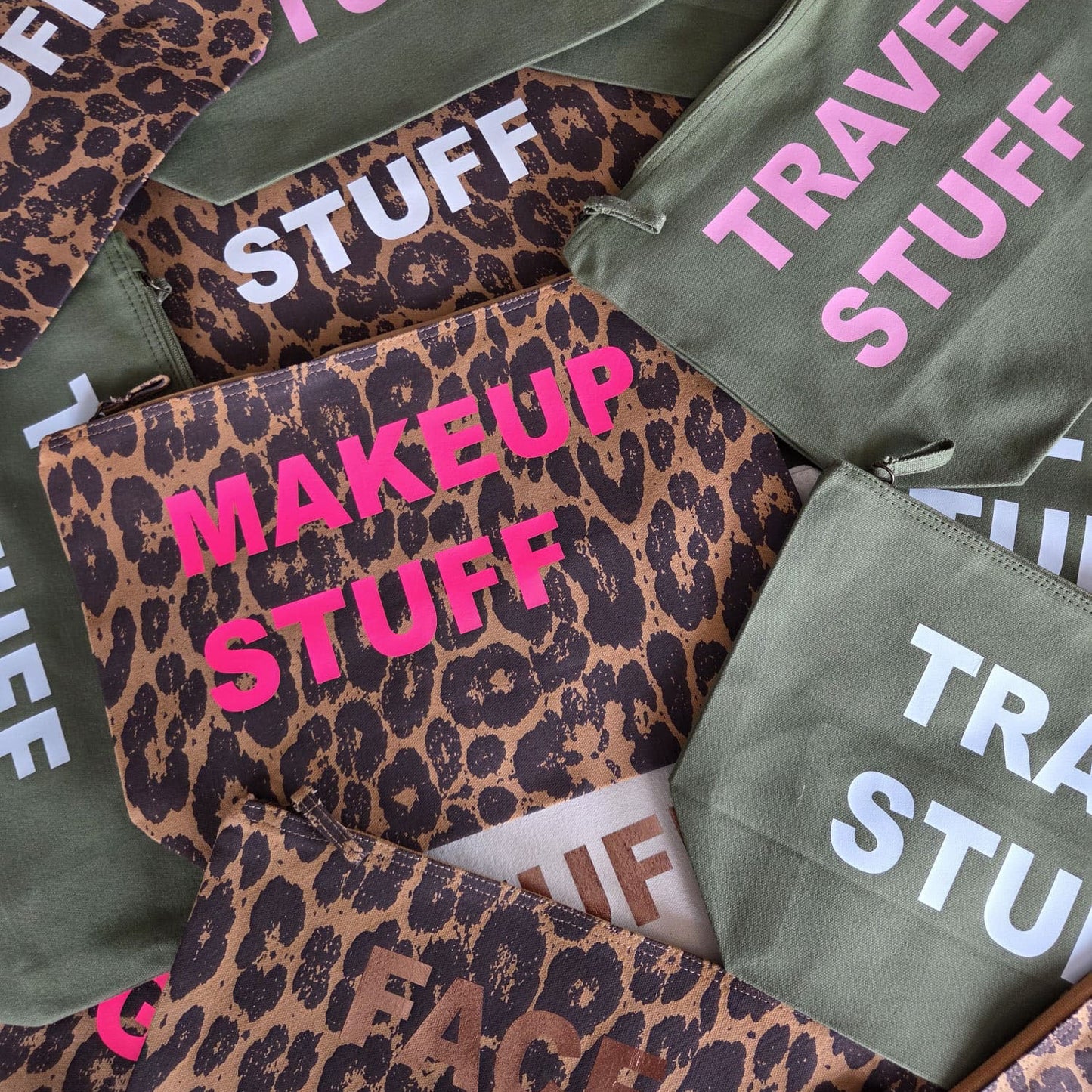 Personalised leopard print canvas pouch with custom name printed on front