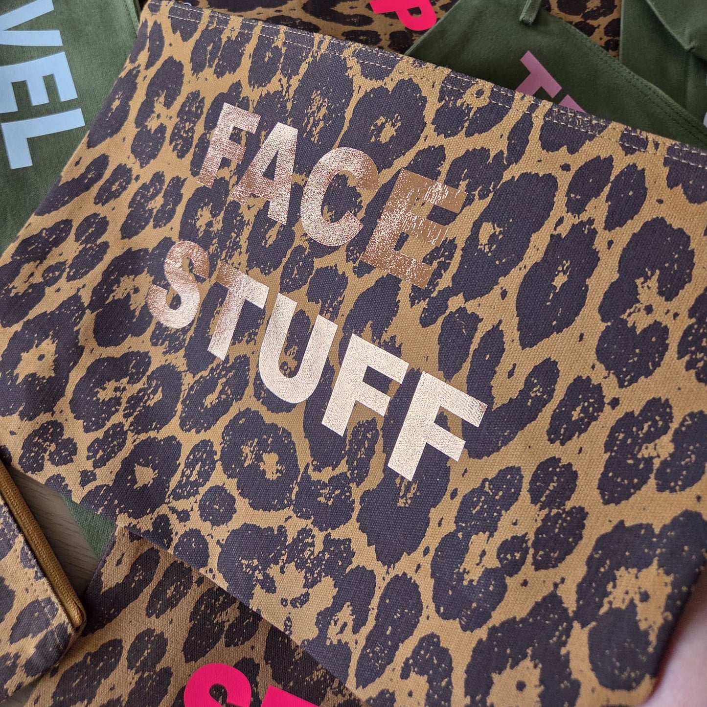 Leopard print recycled canvas pouch size reference 32cm x 22cm x 11cm