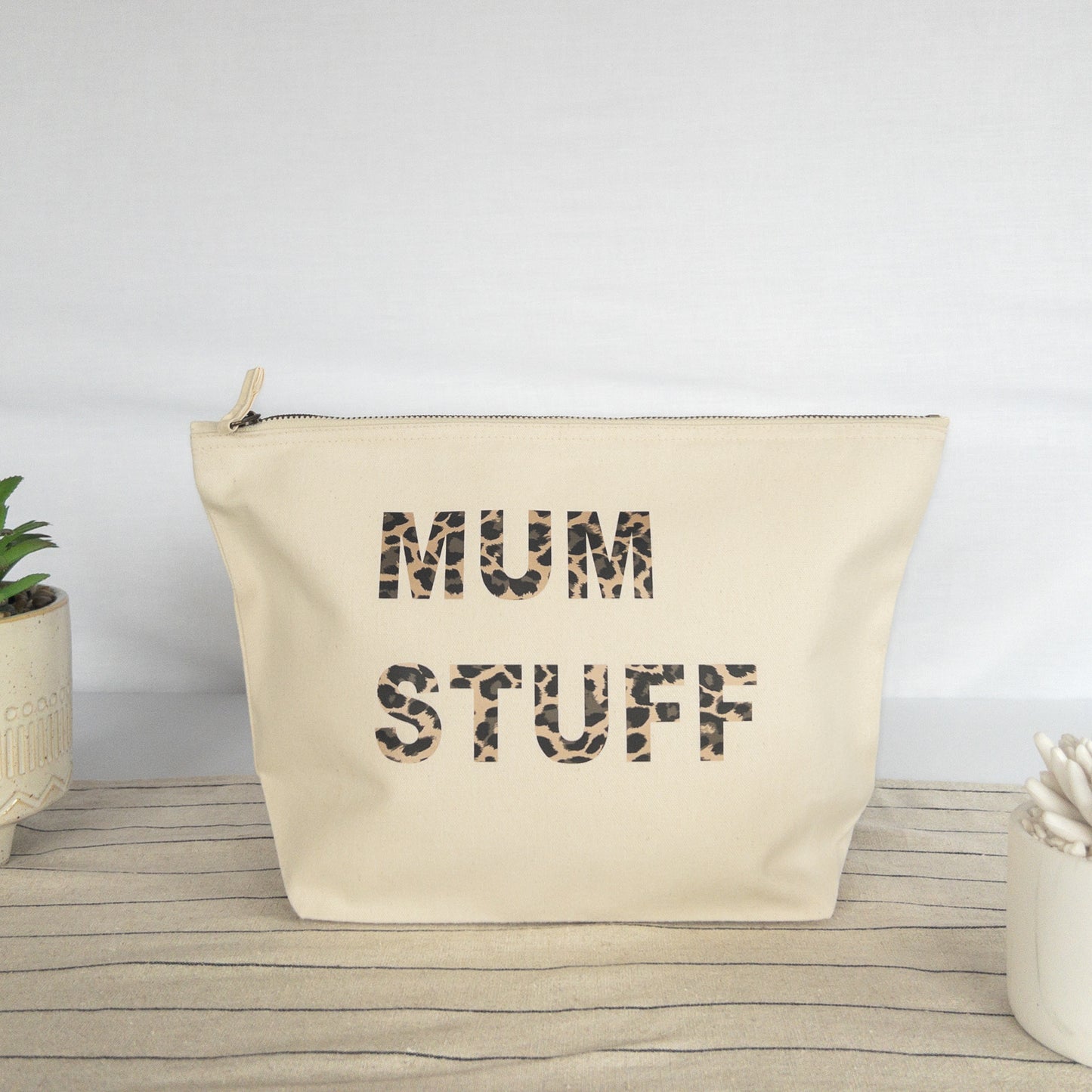 Natural canvas pouch with metallic leopard print personalisation
