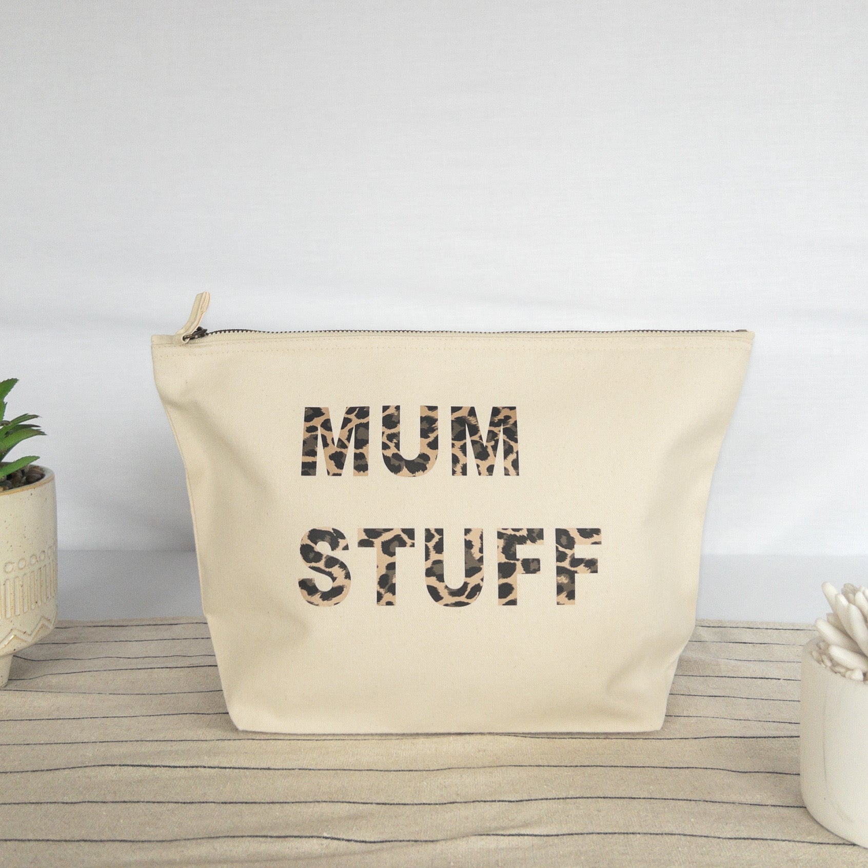 Natural canvas pouch with metallic leopard print personalisation