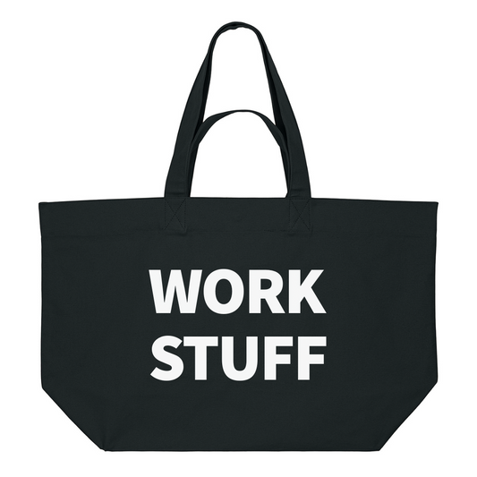 Premium black recycled cotton tote bag with white print