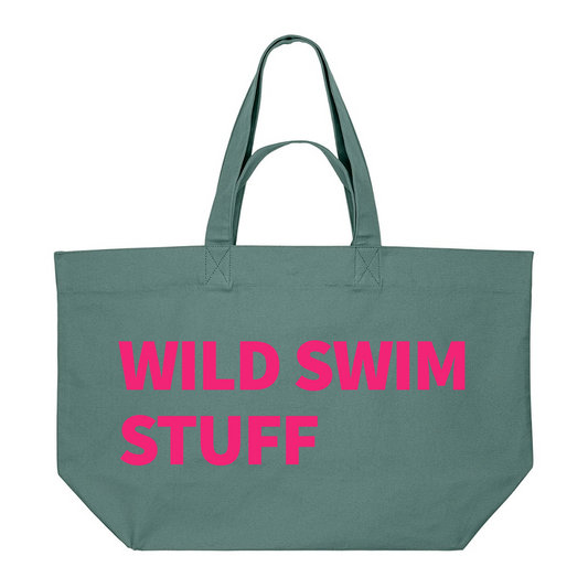Premium fern green recycled cotton tote bag with neon pink print