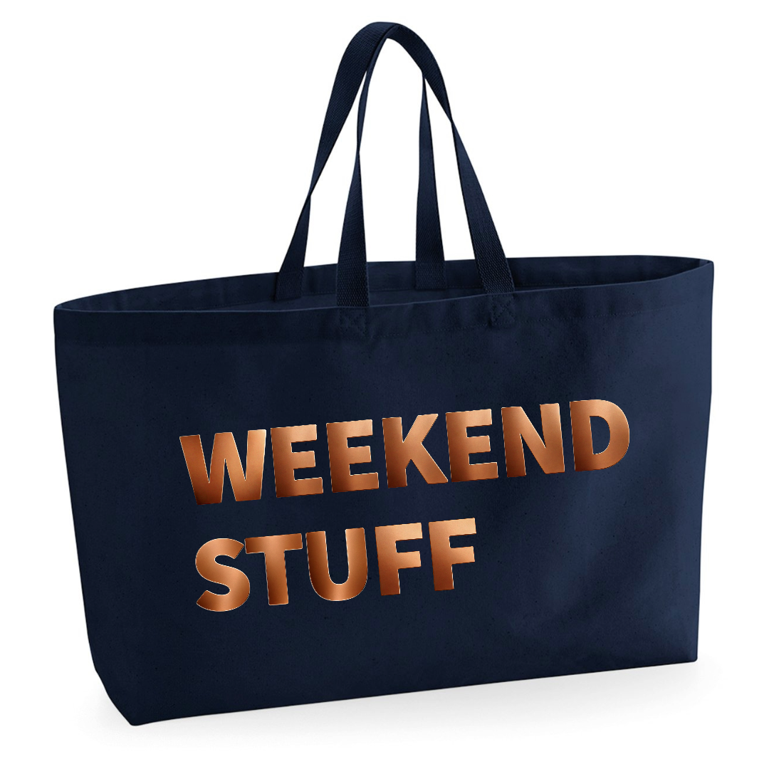 Weekend Stuff extra large tote bag shown packed for a weekend trip