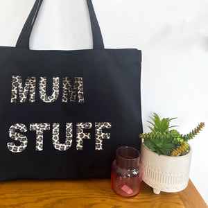 MUM STUFF BLACK TOTE WITH LEOPARD PRINT