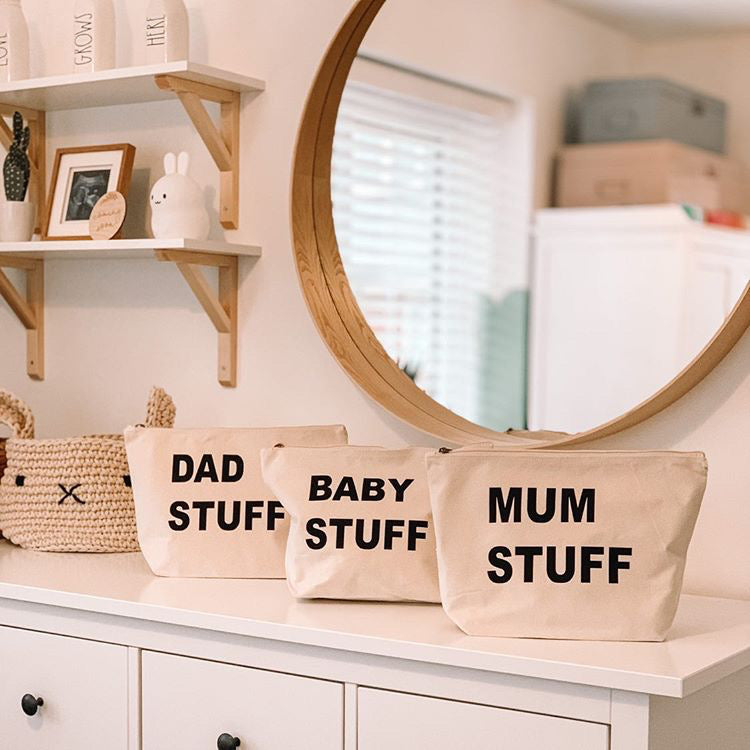 Close-up of natural cotton canvas texture and zip pull on personalised pouch