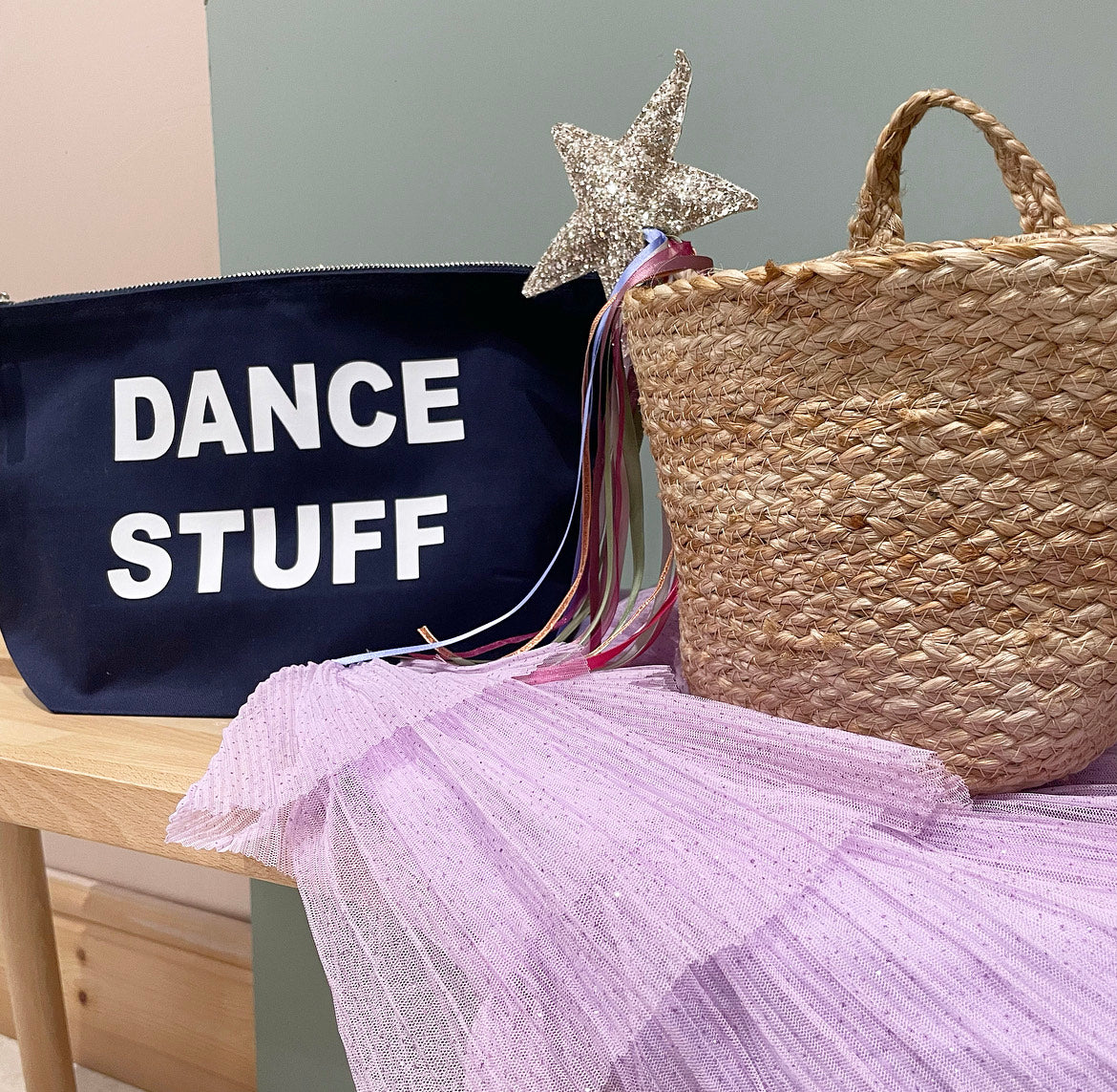 Navy canvas pouch personalised with STUFF wording, flat view