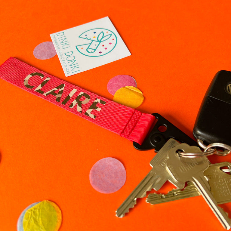 Close-up of personalised wristlet key ring clasp closure
